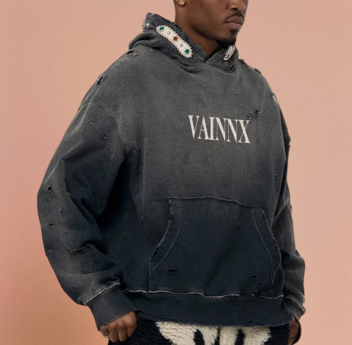Chanjoye Cut and Sew Streetwear Custom Logos Distressed Gems Hoodie Cotton Acid Wash Hoodie Supplier