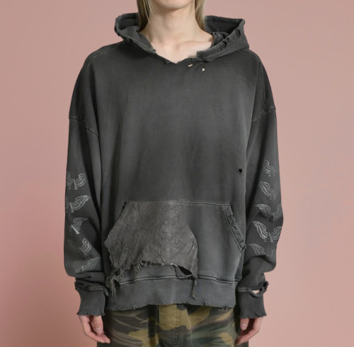 Chanjoye Custom Rhinestone Logo | Broken Hole Patch | Acid Wash Streetwear Hoodie
