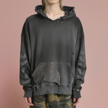 Chanjoye Custom Rhinestone Logo | Broken Hole Patch | Acid Wash Streetwear Hoodie