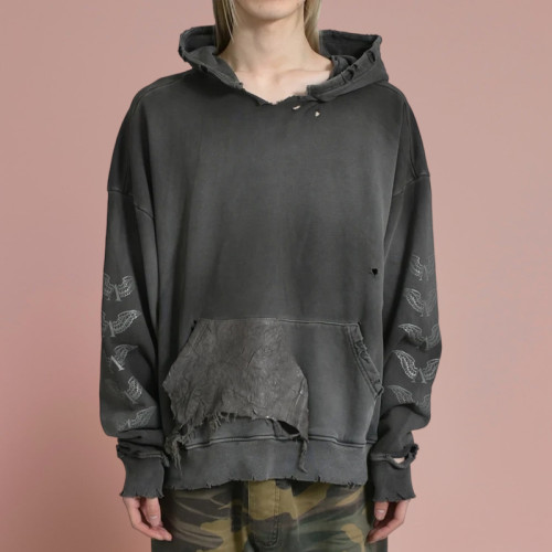 Chanjoye Custom Rhinestone Logo | Broken Hole Patch | Acid Wash Streetwear Hoodie