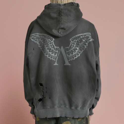 Chanjoye Custom Rhinestone Logo | Broken Hole Patch | Acid Wash Streetwear Hoodie