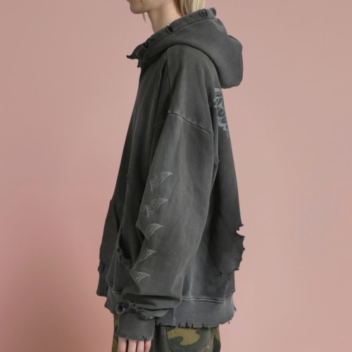 Chanjoye Custom Rhinestone Logo | Broken Hole Patch | Acid Wash Streetwear Hoodie