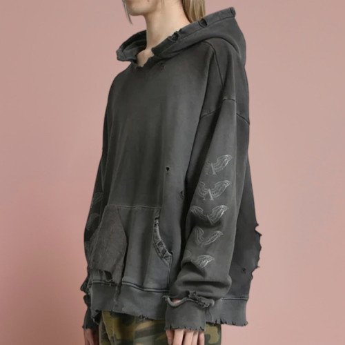 Chanjoye Custom Rhinestone Logo | Broken Hole Patch | Acid Wash Streetwear Hoodie
