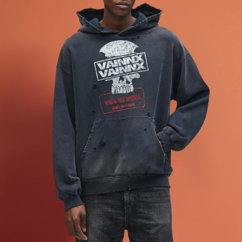 Chanjoye Cut and Sew Streetwear Custom Printing Distressed  Hoodie Cotton Acid Wash Hoodie Supplier