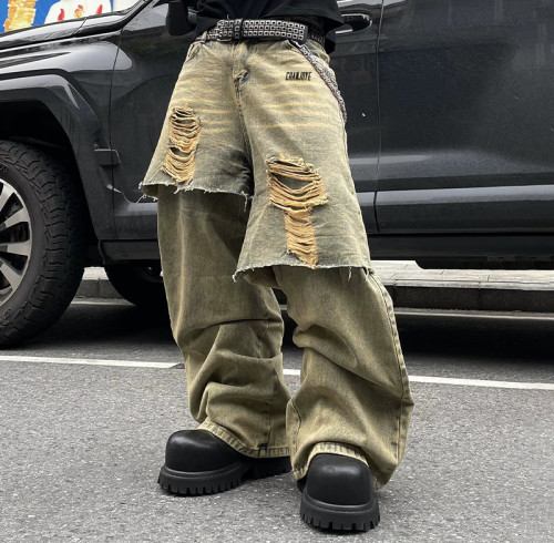 Custom Double-Layer Vintage Jeans | Mud Dyed Design Casual Baggy | Streetwear Supplier