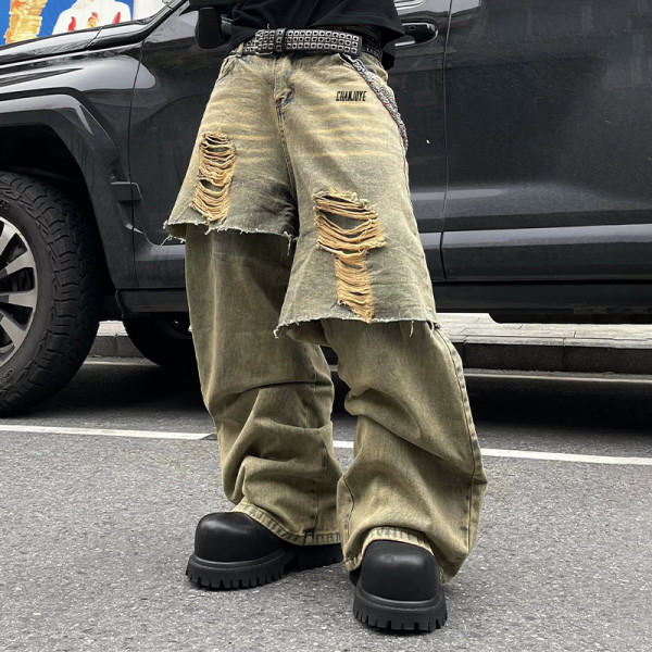 Custom Double-Layer Vintage Jeans | Mud Dyed Design Casual Baggy | Streetwear Supplier