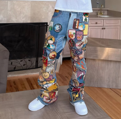 Custom 3D Embroidered Patch Logo Jeans | Vintage Baggy Straight-leg Pants | Streetwear Jeans