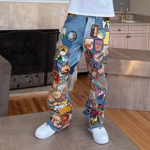 Custom 3D Embroidered Patch Logo Jeans | Vintage Baggy Straight-leg Pants | Streetwear Jeans