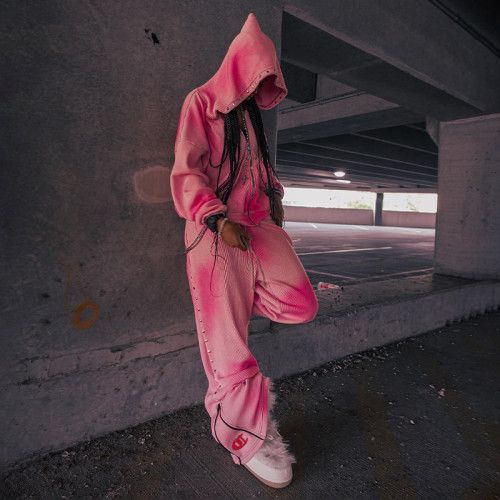 Custom Patch Embroidery Logo Sweatsuit | Rhinestone Zip up Jogger Set | Cotton Streetwear