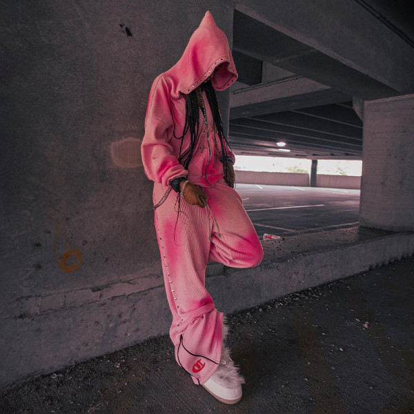 Custom Patch Embroidery Logo Sweatsuit | Rhinestone Zip up Jogger Set | Cotton Streetwear