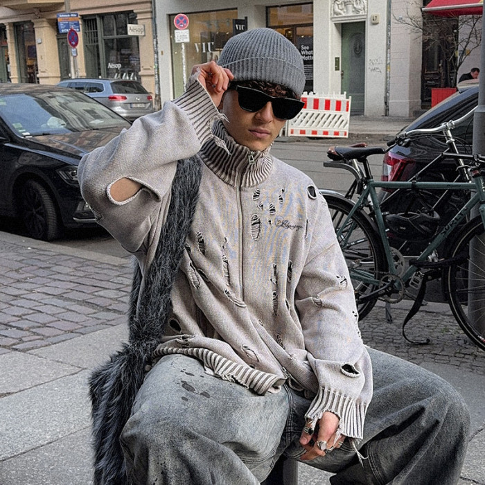 Custom Long Sleeve Zipper Sweater | Vintage Ripped Cardigan Sweater | Streetwear Supplier