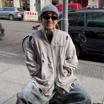 Custom Long Sleeve Zipper Sweater | Vintage Ripped Cardigan Sweater | Streetwear Supplier