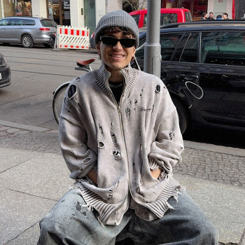 Custom Long Sleeve Zipper Sweater | Vintage Ripped Cardigan Sweater | Streetwear Supplier