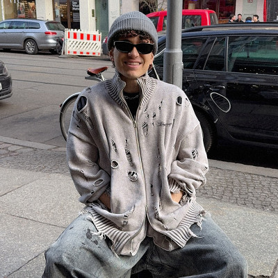 Custom Long Sleeve Zipper Sweater | Vintage Ripped Cardigan Sweater | Streetwear Supplier