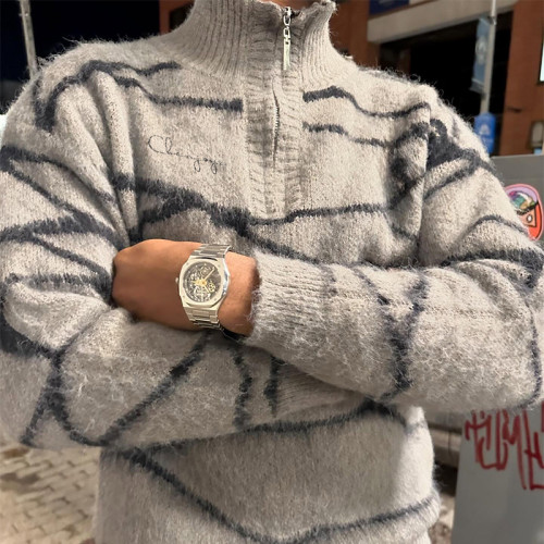 Custom Jacquard Knitted Mohair Sweater | Graffiti Striped Print Quarter Zipper Jumper Sweater