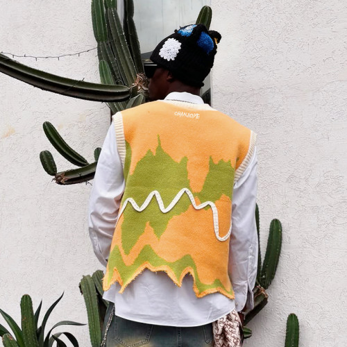 Custom Unisex's Knitted Sweaters | Multi Color Embroidery Logo V Neck Sleeveless Top Streetwear