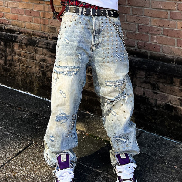 Custom Rhinestone Jeans Streetwear | Vintage Distressed Straight Leg Pants | Designer Rivet Denim Pants
