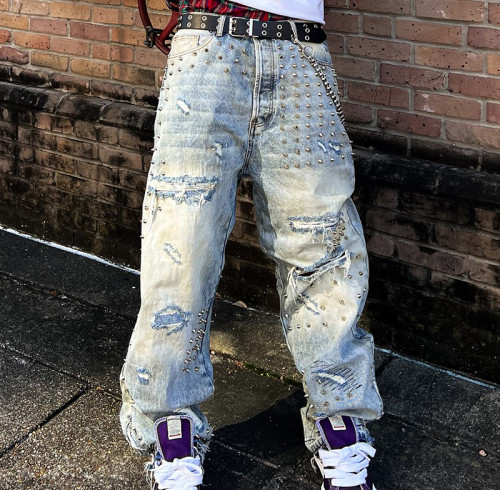 Custom Rhinestone Jeans Streetwear | Vintage Distressed Straight Leg Pants | Designer Rivet Denim Pants
