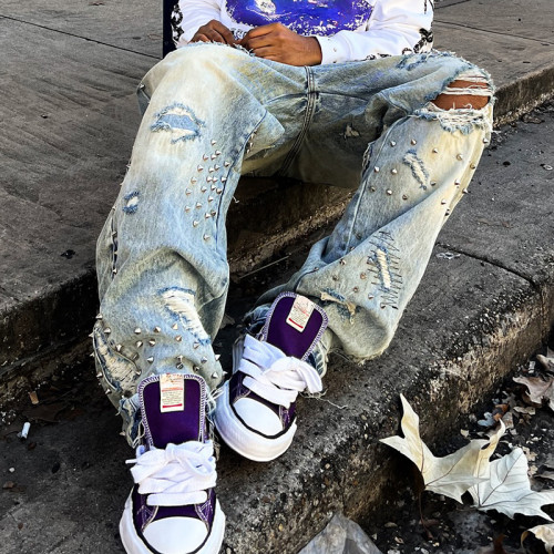 Custom Rhinestone Jeans Streetwear | Vintage Distressed Straight Leg Pants | Designer Rivet Denim Pants