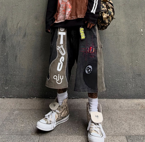 Chanjoye Custom Patchwork Shorts | Washed Loose Fit shorts | Embroidery Denim Shorts