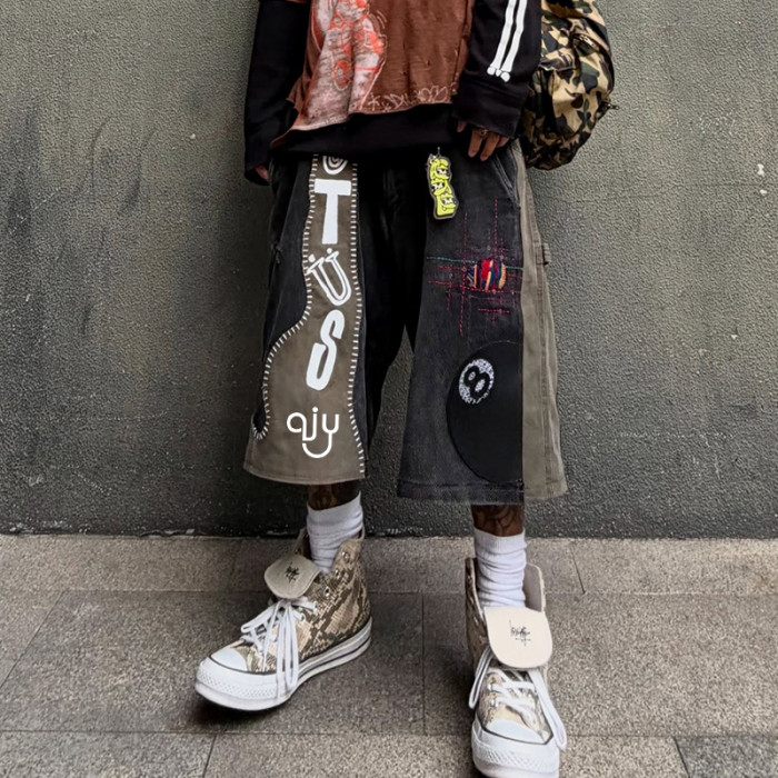Chanjoye Custom Patchwork Shorts | Washed Loose Fit shorts | Embroidery Denim Shorts