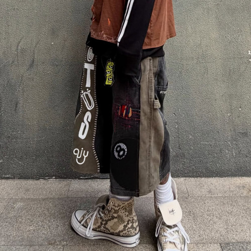 Chanjoye Custom Patchwork Shorts | Washed Loose Fit shorts | Embroidery Denim Shorts