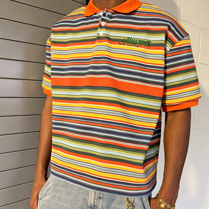 Chanjoye Custom Cotton Polo Shirt | Embroidery Rainbow Stripe Color Shirt | OEM Shirt Manufacturer