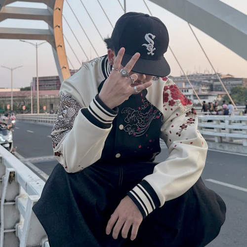 Chanjoye Custom Logo Varsity Jacket | Dragon Embroidery Bomber Jacket | Men Leather Jackets