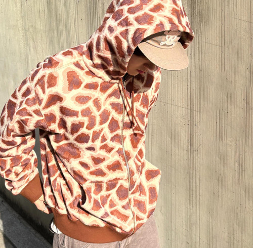 Custom Giraffe Print Zip Up Hoodie | Designer Vintage Boxy Hoodie | Heavyweight 500Gsm Hoodie