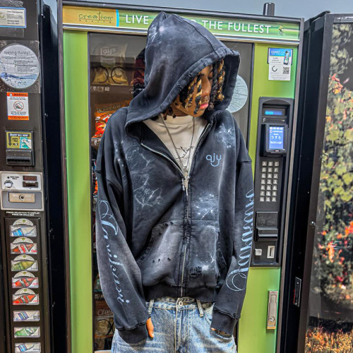 Chanjoye Custom Distressed Hoodie | Boxy Screen Print Zipper Hoodie | Acid Wash Streetwear Hoodie