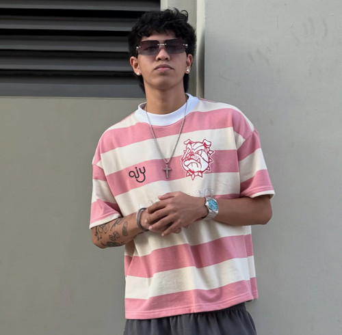 Chanjoye Custom Logo T-shirt | Striped Casual 100% Cotton T-shirt | Screen Print Streetwear T-shirt