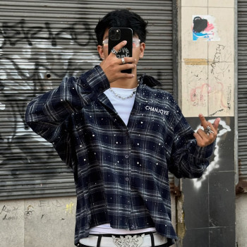 Custom High Quality Oversize Fit Shirt | Navy Plaid Button Up Shirt | Rhinestone Streetwear Shirt