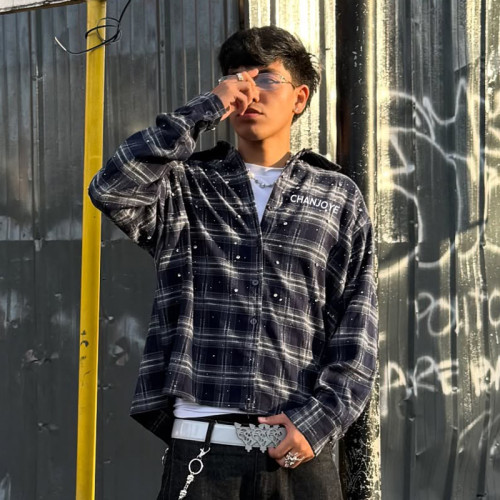 Custom High Quality Oversize Fit Shirt | Navy Plaid Button Up Shirt | Rhinestone Streetwear Shirt