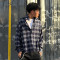 Custom High Quality Oversize Fit Shirt | Navy Plaid Button Up Shirt | Rhinestone Streetwear Shirt