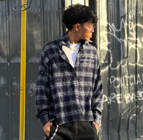 Custom High Quality Oversize Fit Shirt | Navy Plaid Button Up Shirt | Rhinestone Streetwear Shirt