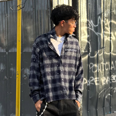 Custom High Quality Oversize Fit Shirt | Navy Plaid Button Up Shirt | Rhinestone Streetwear Shirt