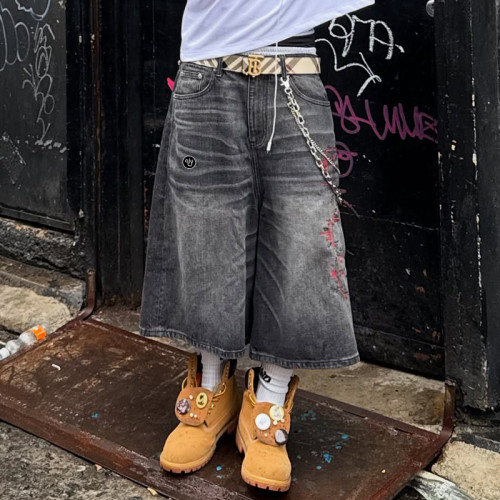 Chanjoye Custom Streetwear Shorts | Washed Wide Leg Shorts | Embroidery Heavyweight Denim Shorts