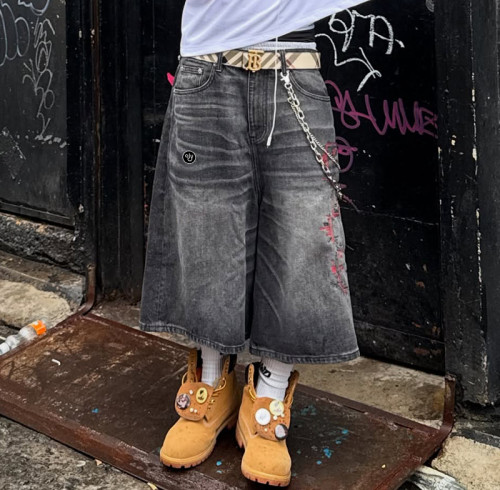 Chanjoye Custom Streetwear Shorts | Washed Wide Leg Shorts | Embroidery Heavyweight Denim Shorts