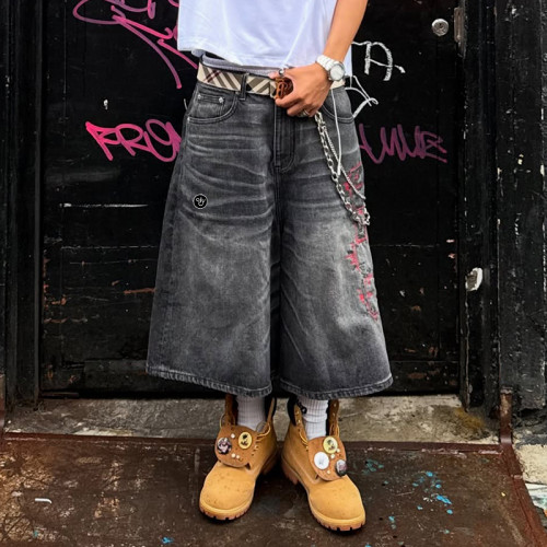 Chanjoye Custom Streetwear Shorts | Washed Wide Leg Shorts | Embroidery Heavyweight Denim Shorts