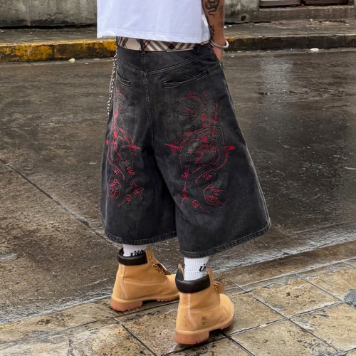 Chanjoye Custom Streetwear Shorts | Washed Wide Leg Shorts | Embroidery Heavyweight Denim Shorts