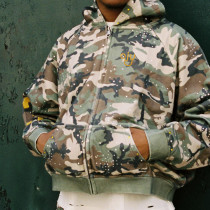 Custom Camo Embroidery Crop Fit Hoodie | Rhinestone Vintage Zip Up Hoodie | Streetwear Hoodie Manufacturer