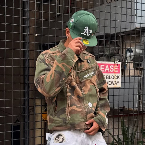 Custom Camo Workwear Jacket | Distressed Denim Cargo Jacket | High Quality Patchwork Embroidery Jacket