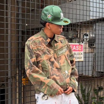 Custom Camo Workwear Jacket | Distressed Denim Cargo Jacket | High Quality Patchwork Embroidery Jacket