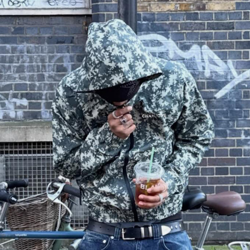 Custom Digital Print Camo Hoodie | Vintage Nylon Zip Up Hoodie | Streetwear Hoodie Manufacturer