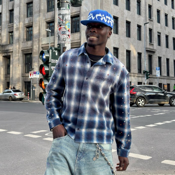 Custom High Quality Long Sleeve Shirt | Rhinestone Acid Wash Shirt | Oversize Streetwear Plaid Shirt