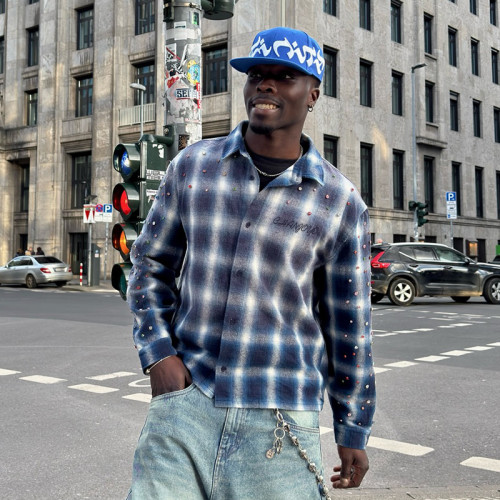 Custom High Quality Long Sleeve Shirt | Rhinestone Acid Wash Shirt | Oversize Streetwear Plaid Shirt