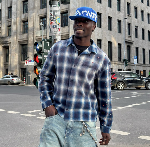 Custom High Quality Long Sleeve Shirt | Rhinestone Acid Wash Shirt | Oversize Streetwear Plaid Shirt