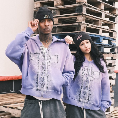 Custom Streetwear Hoodie | Oversize Heavyweight  DTG Print Zipper Hoodie | Acid Wash Distressed Hoodie