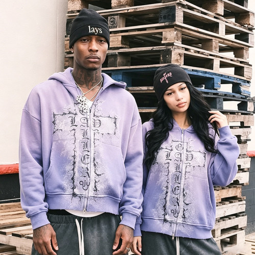 Custom Streetwear Hoodie | Oversize Heavyweight  DTG Print Zipper Hoodie | Acid Wash Distressed Hoodie