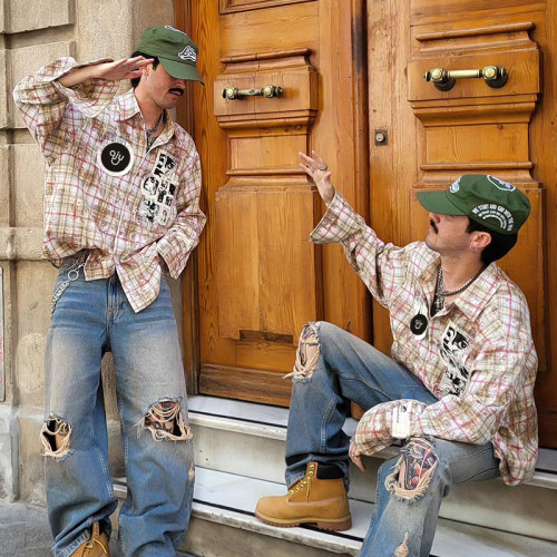 Custom High Quality Men Plaid Shirt | Embroidered Patchwork Shirt | Oversized Streetwear Shirt
